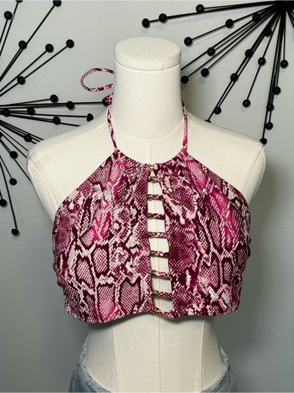 Bebe Pink Snakeskin Halter Bikini Top Cutout Swim Top Size Large